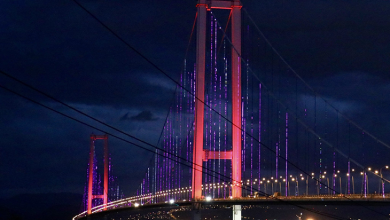 Gece çekilmiş sahnede 15 Temmuz Şehitler Köprüsü tamamen mor ışıklarla aydınlatılmış halde görünüyor. Köprünün iki büyük kulesi mor ve pembe tonlarında parlıyor, halat kablolar boyunca dikey ışık çizgileri uzanıyor. Yol boyunca dizili beyaz sokak lambaları köprünün siluetini tamamlıyor. Arka planda koyu gece göğü ve hafif bulutlar, uzakta ise İstanbul’un şehir ışıkları seçiliyor. Genel atmosfer, meme kanseri farkındalığı için yapılan sembolik mor aydınlatmanın güçlü ve duygusal bir vurgusunu taşıyor.