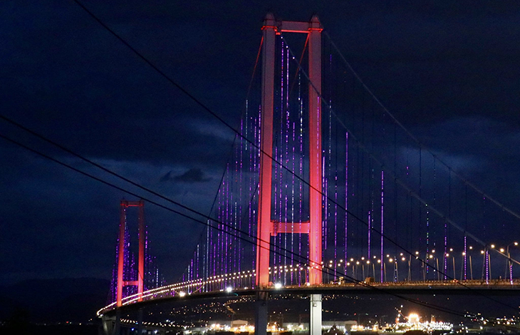 Gece çekilmiş sahnede 15 Temmuz Şehitler Köprüsü tamamen mor ışıklarla aydınlatılmış halde görünüyor. Köprünün iki büyük kulesi mor ve pembe tonlarında parlıyor, halat kablolar boyunca dikey ışık çizgileri uzanıyor. Yol boyunca dizili beyaz sokak lambaları köprünün siluetini tamamlıyor. Arka planda koyu gece göğü ve hafif bulutlar, uzakta ise İstanbul’un şehir ışıkları seçiliyor. Genel atmosfer, meme kanseri farkındalığı için yapılan sembolik mor aydınlatmanın güçlü ve duygusal bir vurgusunu taşıyor.