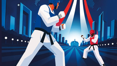 İki sporcu, Para Taekwondo müsabakasında karşı karşıya duruyor. Sporcular koruyucu başlık ve göğüs koruyucusu giyiyor; biri mavi, diğeri kırmızı renkte. Hareket hâlindeki duruşları, müsabakanın dinamizmini ve rekabet enerjisini yansıtıyor. Arka planda stilize bir şehir silueti ve kırmızı–beyaz–mavi ışık efektleri bulunuyor. Genel atmosfer; güç, odaklanma, mücadele ve ulusal gurur hissi veriyor.