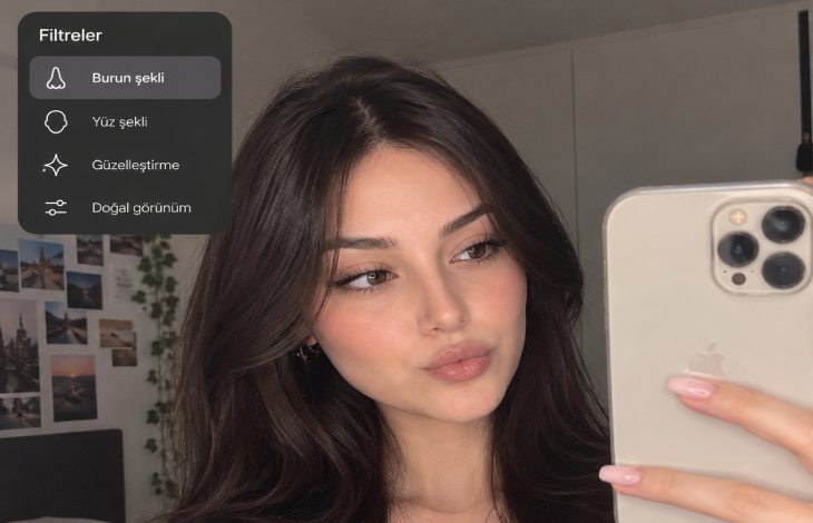 Bir genç kadın, elinde akıllı telefonuyla selfie çekerken burun şekli, yüz şekli, güzelleştirme ve doğal görünüm gibi sosyal medya filtrelerini gösteren bir arayüz eşliğinde yüz hatlarını inceliyor.