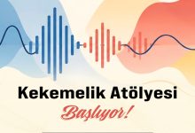 Kekemelik Atölyesi Başlıyor yazılı, üstte ses frekanslarını temsil eden ritm çubuklarını andıran grafik çalışması görselde bulunuyor.