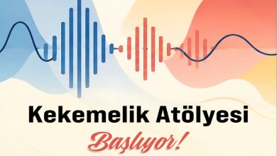 Kekemelik Atölyesi Başlıyor yazılı, üstte ses frekanslarını temsil eden ritm çubuklarını andıran grafik çalışması görselde bulunuyor.