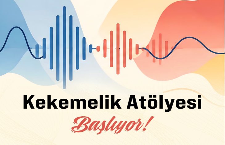 Kekemelik Atölyesi Başlıyor yazılı, üstte ses frekanslarını temsil eden ritm çubuklarını andıran grafik çalışması görselde bulunuyor.
